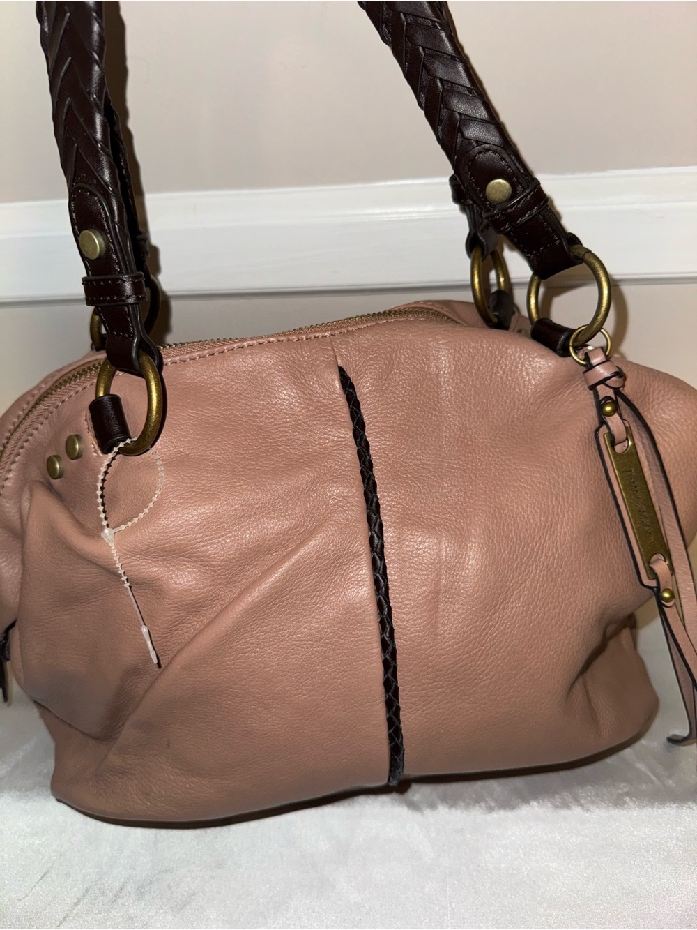 B. Makowsky Leather Satchel Bag - Blush Pink with Dark Brown Handles